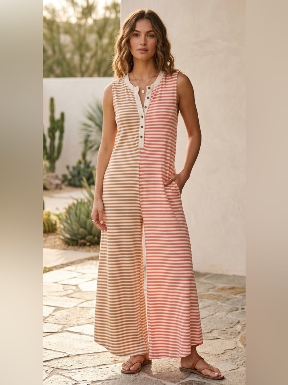 BucketList Daphne Striped Wide Leg Jumpsuit Coral Brown Colorblock M
